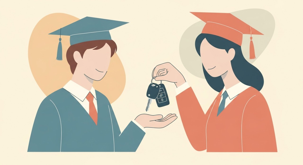 Seorang pelajar menerima kunci kereta baru dengan senyuman.