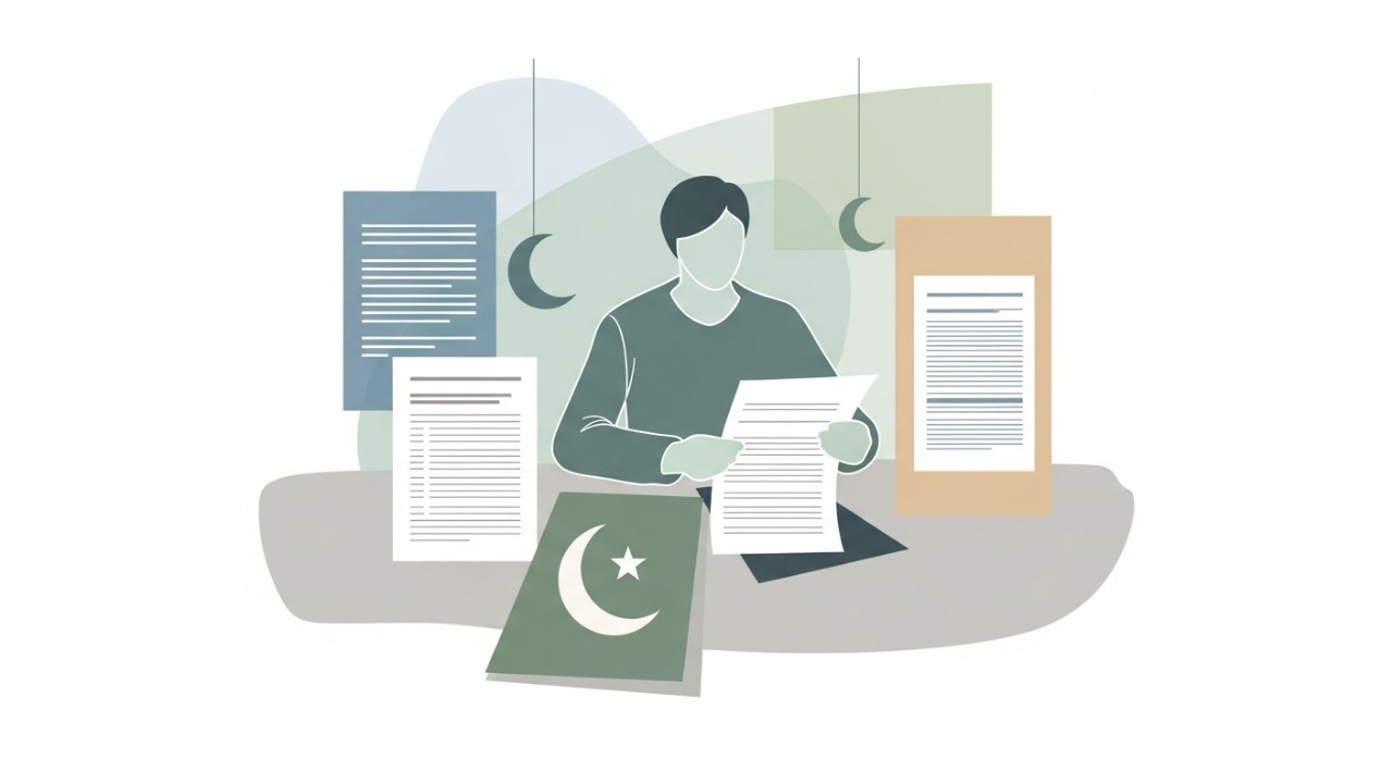 Seorang pelanggan sedang meneliti dokumen atau borang permohonan pinjaman kenderaan patuh syariah.