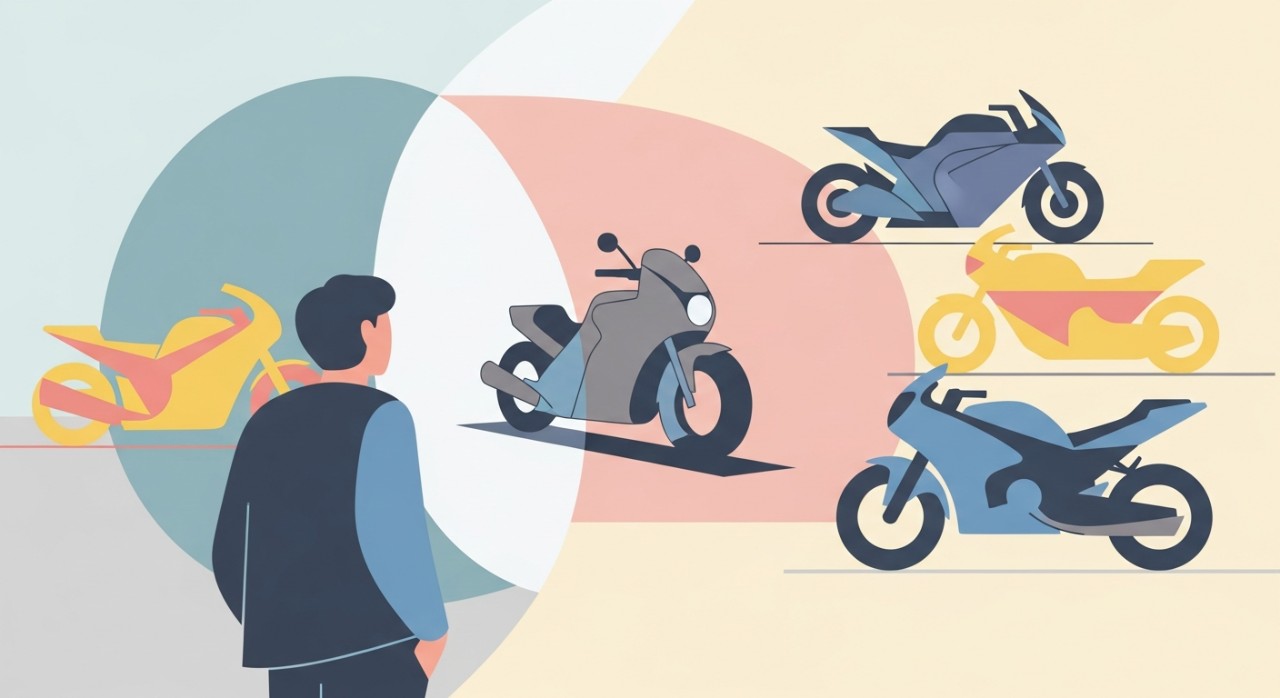 Jadual Pinjaman Motosikal Baharu Mengikut Model dan Jenama 1 Seorang pelanggan sedang melihat dan membandingkan pelbagai model motosikal di bilik pameran.