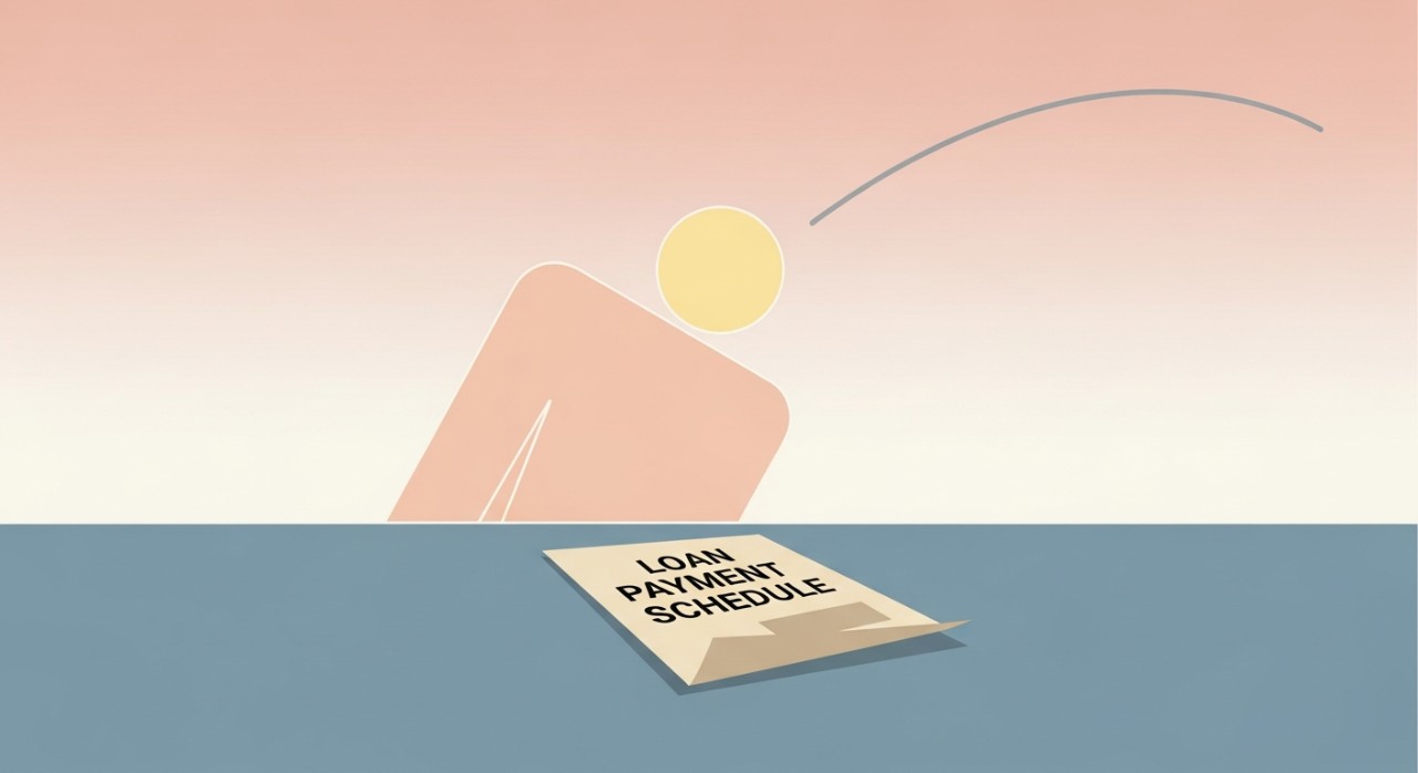 Seorang pemandu lori sedang meneliti dokumen jadual pembayaran pinjaman kenderaan di meja.