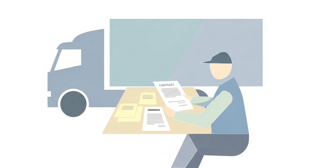 Seorang pemandu lori sedang meneliti dokumen pinjaman atau kontrak di hadapan lori miliknya.
