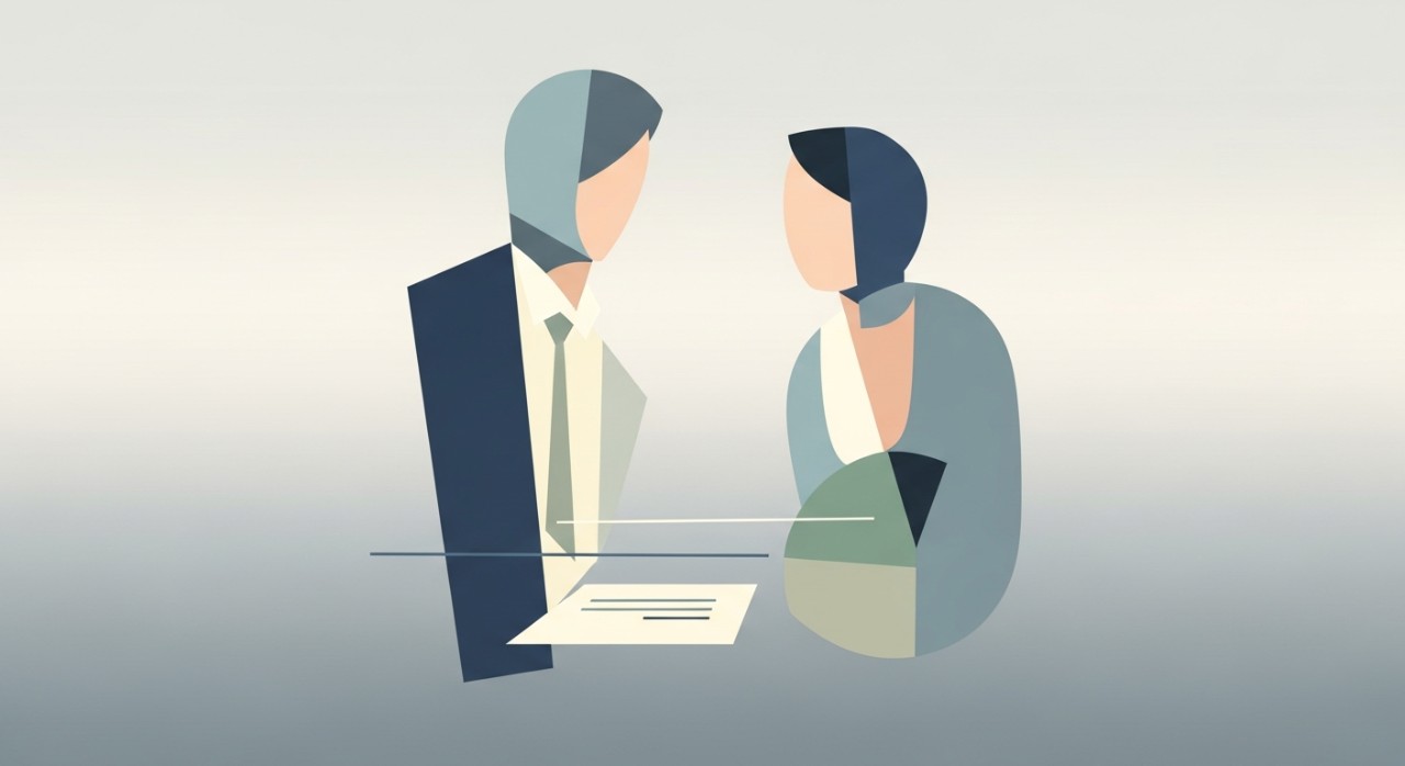 Dua orang profesional perniagaan sedang berbincang mengenai pilihan pembiayaan kereta.