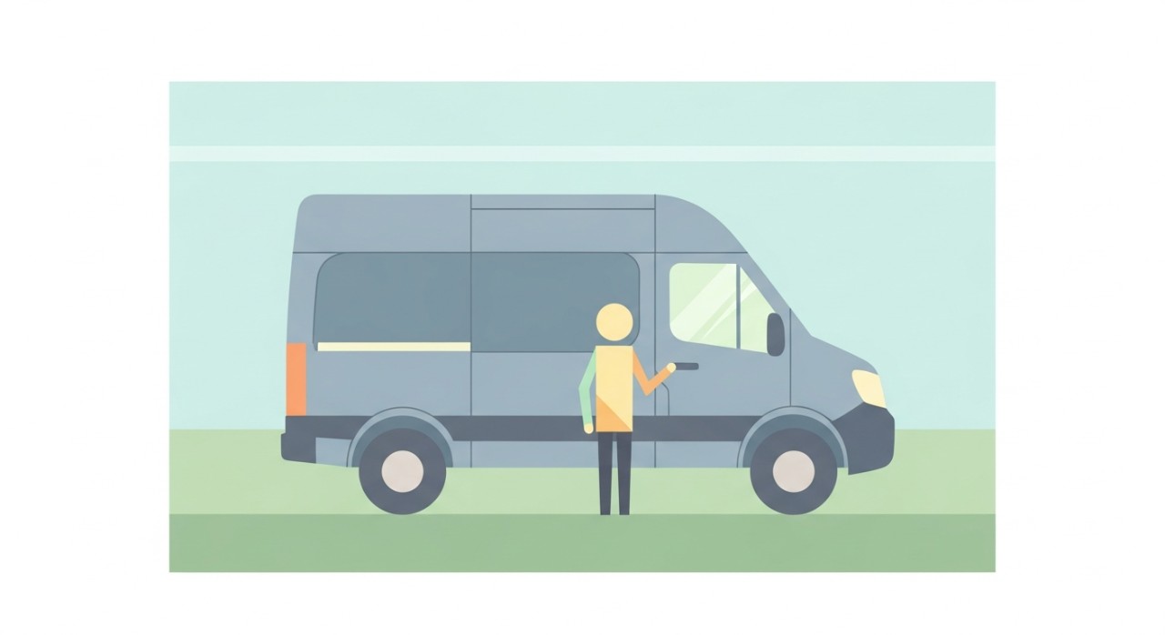 Seorang pemilik perniagaan sedang memeriksa bahagian luar sebuah van komersial baharu.