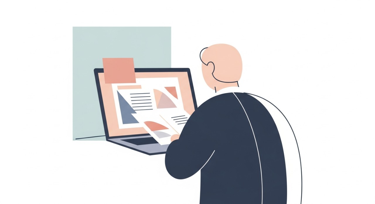 Seorang pemilik perniagaan sedang meneliti jadual pembayaran pinjaman kenderaan di hadapan komputer riba.