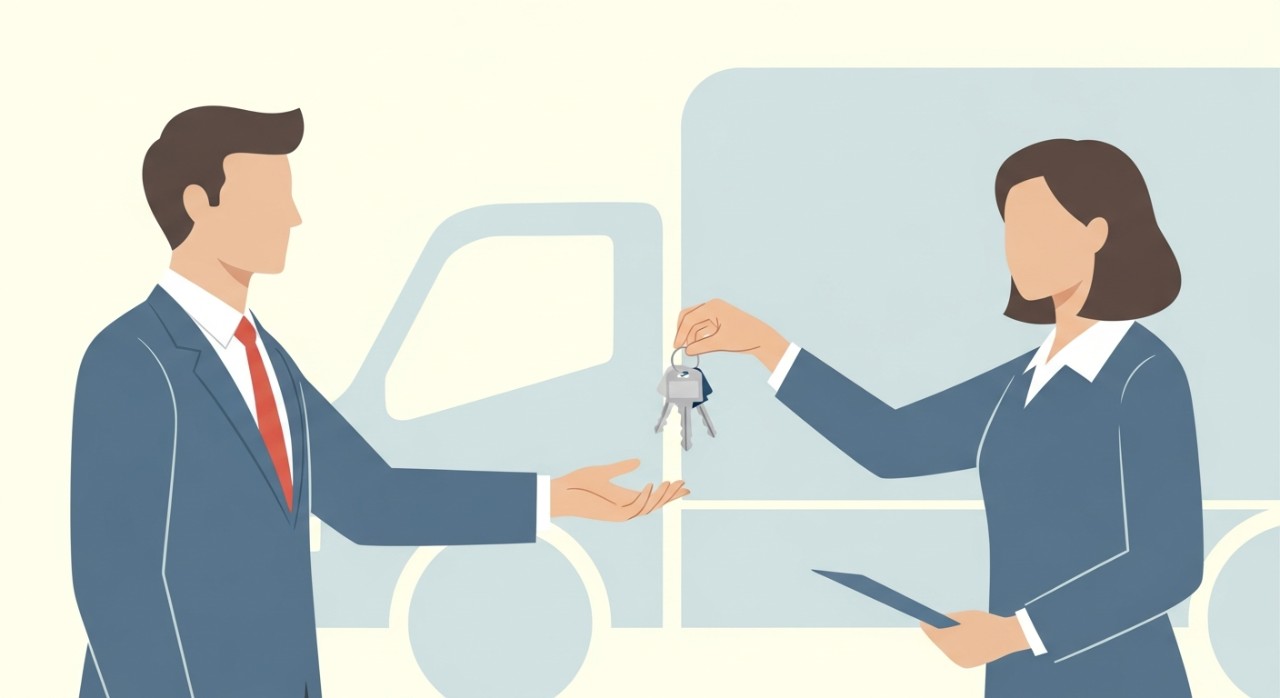 Seorang pemilik perniagaan sedang menerima kunci kenderaan komersial baharu daripada jurujual.