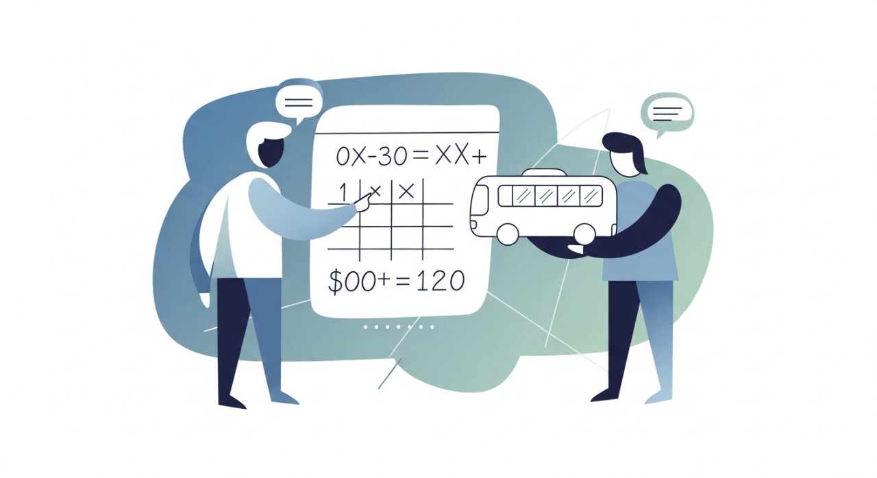 Dua orang sedang membincangkan kiraan ansuran pinjaman bas.