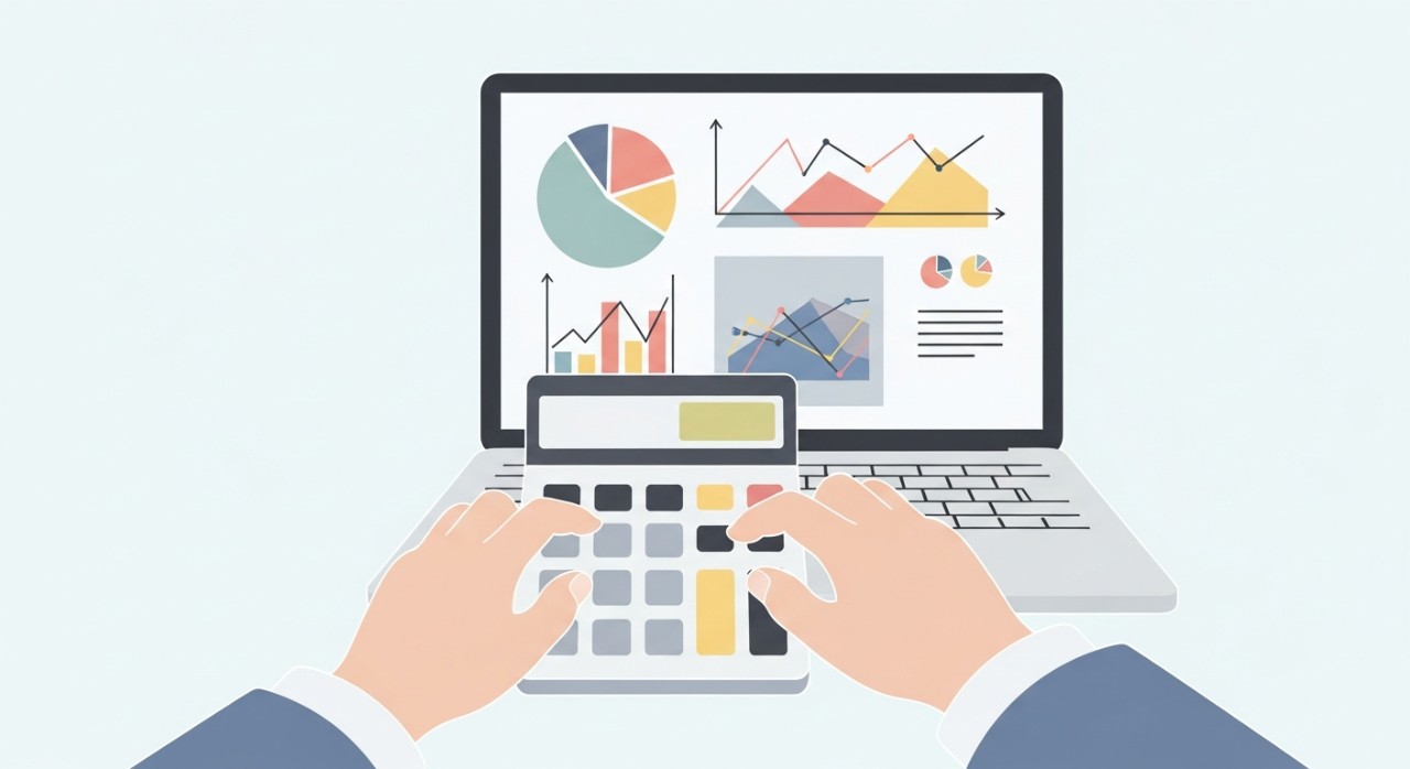 Tangan sedang menekan kalkulator di hadapan komputer riba yang memaparkan data kewangan.