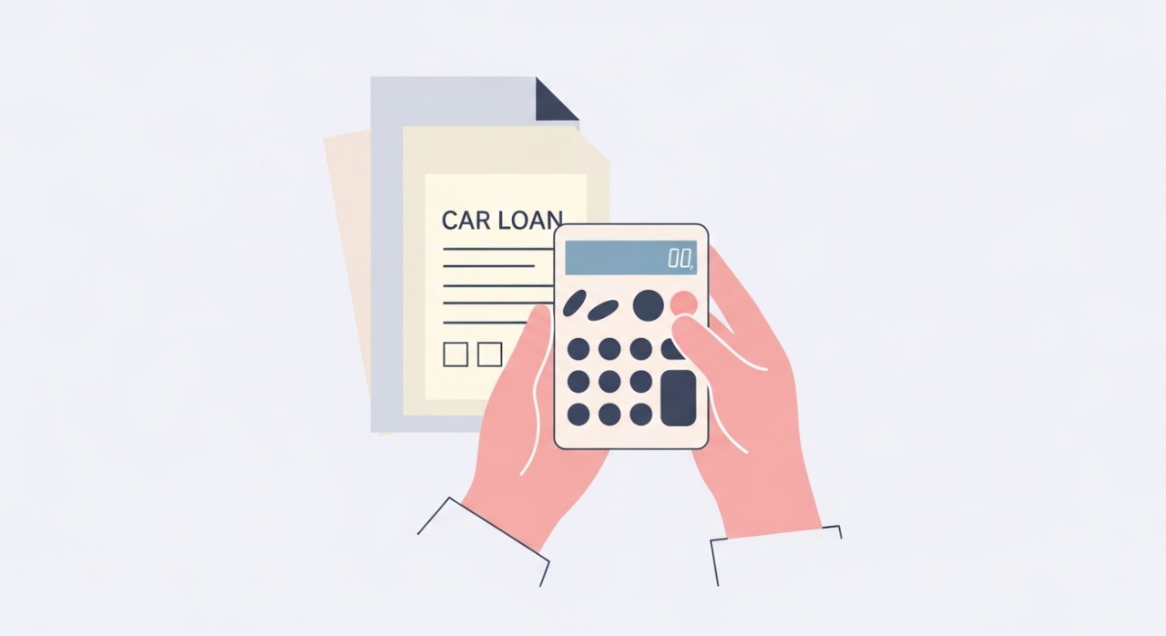 Tangan memegang kalkulator di atas dokumen pinjaman kereta.