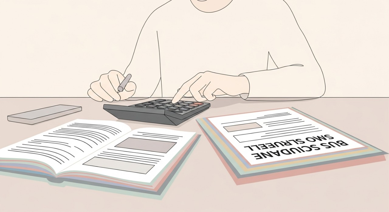 Senarai Jadual Pinjaman Kenderaan Komersial untuk Bas 2026 1 Seseorang sedang menggunakan kalkulator di atas meja dengan dokumen jadual pinjaman bas yang terbuka.