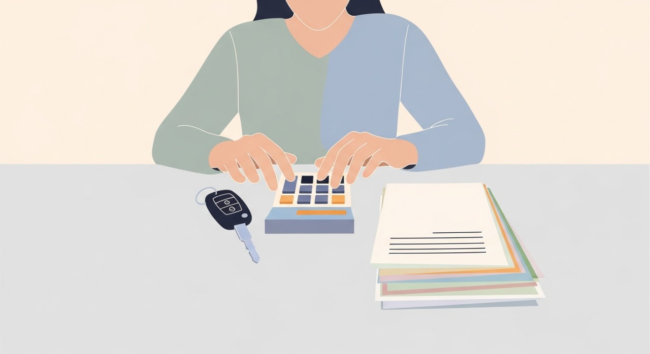 Seseorang sedang menggunakan kalkulator untuk mengira bayaran pinjaman kereta.