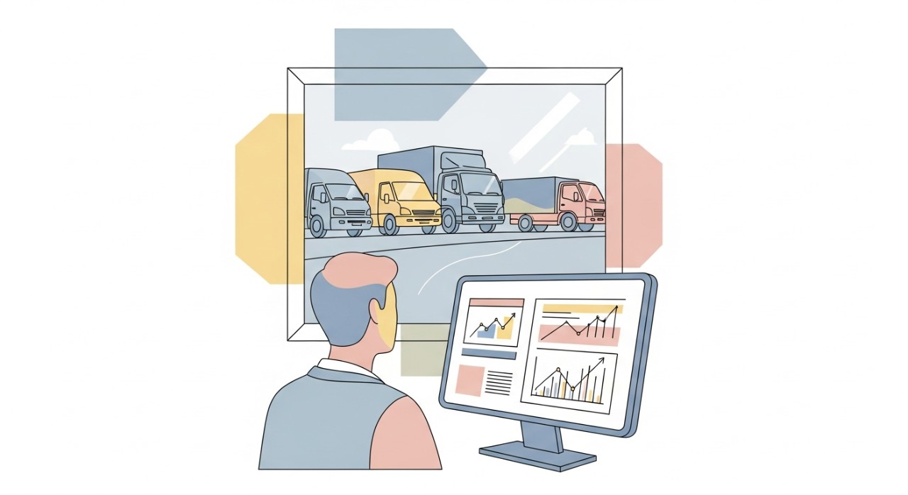 Seorang pengurus sedang melihat skrin komputer yang memaparkan graf dan data berkaitan prestasi atau kewangan armada kenderaan.