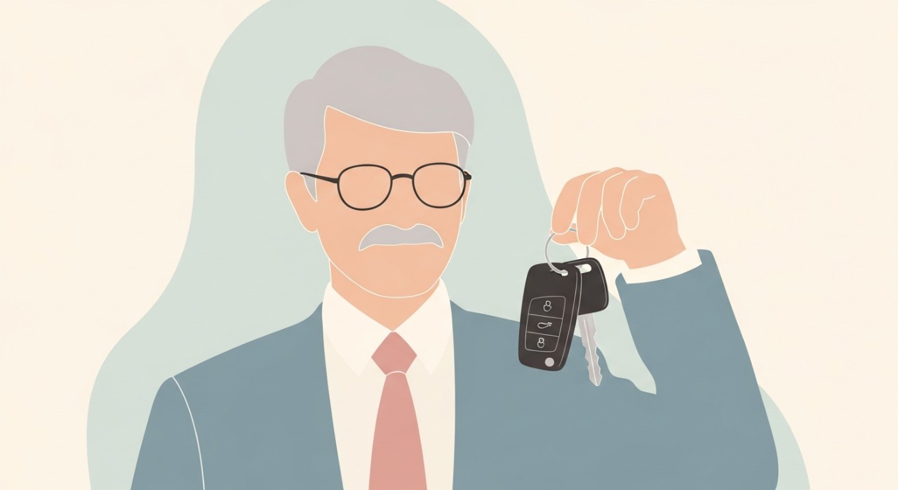 Seorang penjawat awam berpencen tersenyum gembira memegang kunci kereta baru.