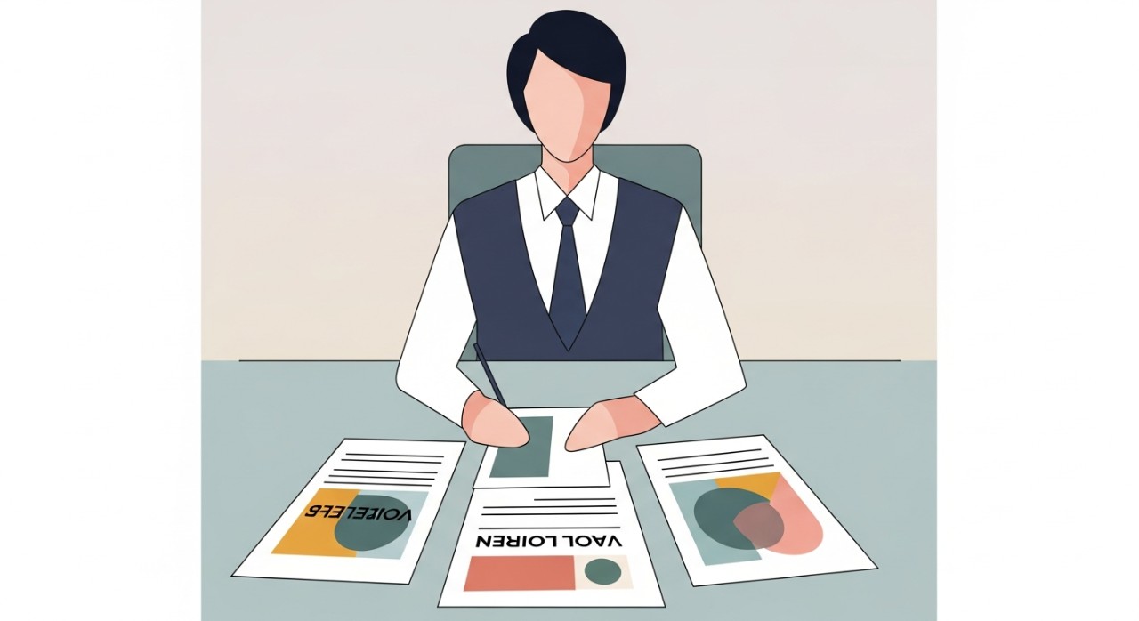 Seorang penjawat awam sedang meneliti dokumen tawaran pinjaman kenderaan di meja pejabat.