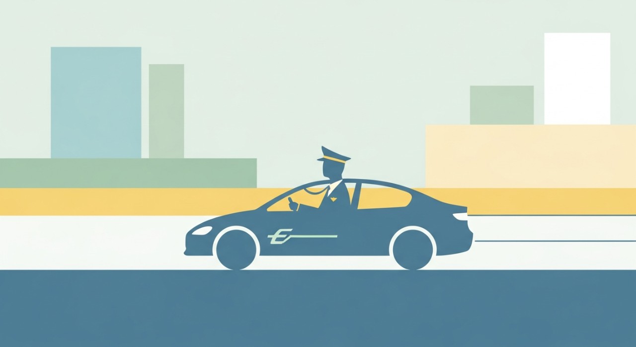 Seorang penjawat awam sedang memandu kereta elektrik di jalan raya bandar.