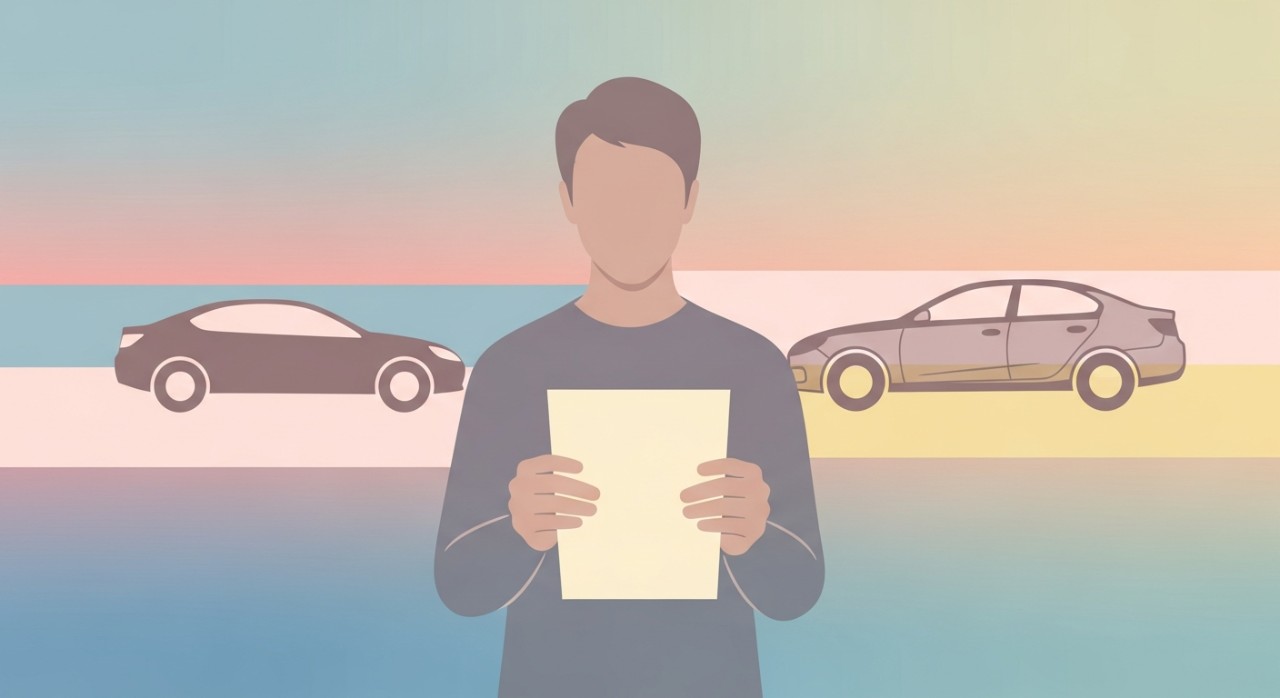 Seorang individu sedang meneliti dokumen pinjaman kereta di hadapan sebuah kereta baharu dan sebuah kereta terpakai.