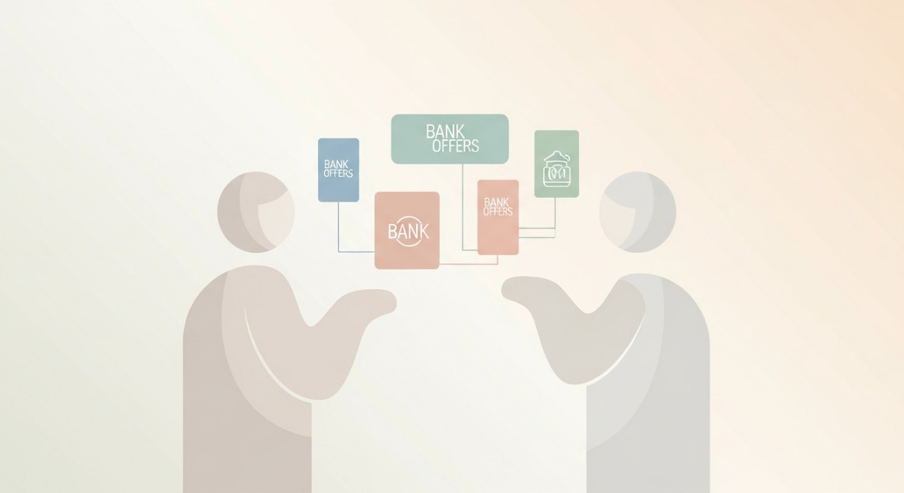 Dua orang sedang berbincang mengenai perbandingan tawaran pinjaman kenderaan Islamik dari beberapa bank.