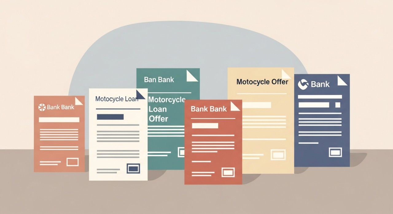 Beberapa dokumen tawaran pinjaman motosikal dari bank yang berbeza di atas meja.