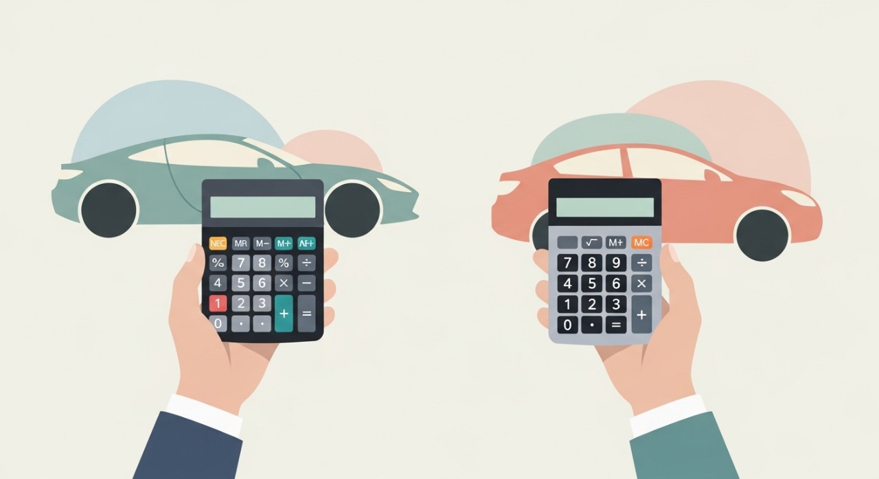 Dua tangan memegang kalkulator, satu di atas gambar kereta baharu dan satu lagi di atas gambar kereta terpakai.