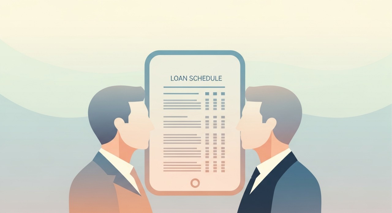 Dua ahli perniagaan sedang berbincang di hadapan tablet yang memaparkan jadual pinjaman.