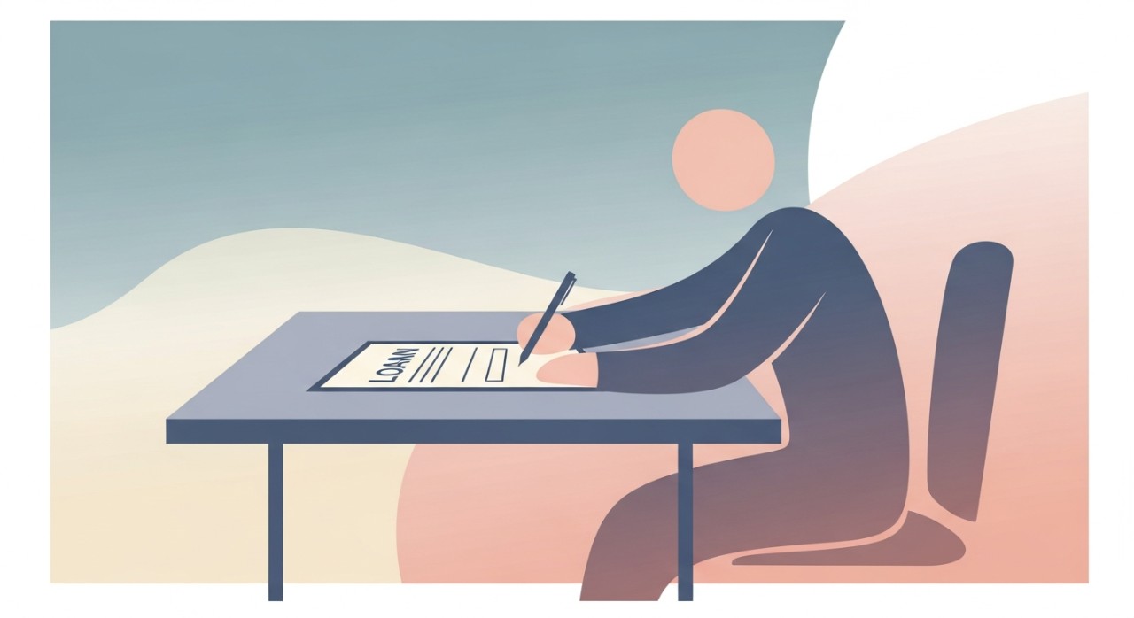 Seseorang sedang mengisi borang permohonan pinjaman di meja.