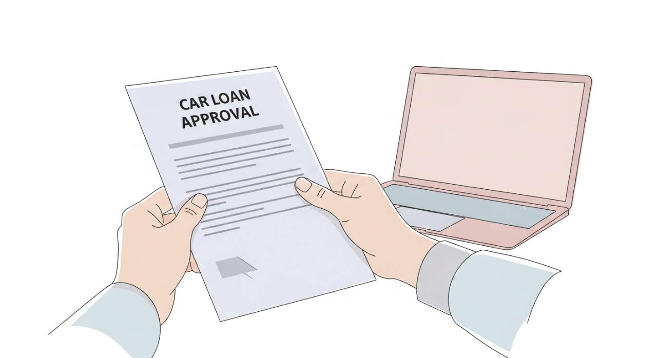 Jadual Pinjaman Kereta Terpakai dengan Kelulusan Cepat 2026 1 Tangan memegang dokumen kelulusan pinjaman kereta dengan latar belakang komputer riba.