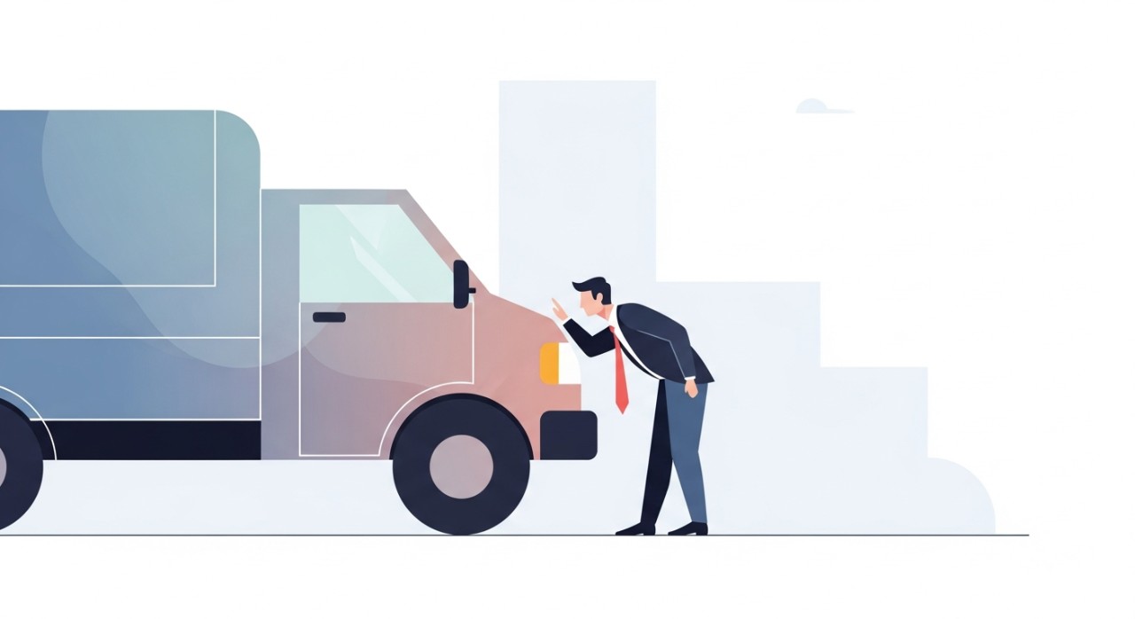 Seorang pemilik perniagaan sedang memeriksa kenderaan komersial terpakai di sebuah pusat jualan.