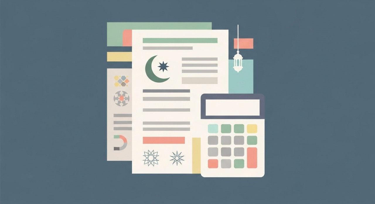 Dokumen kewangan dengan simbol Islamik dan kalkulator.