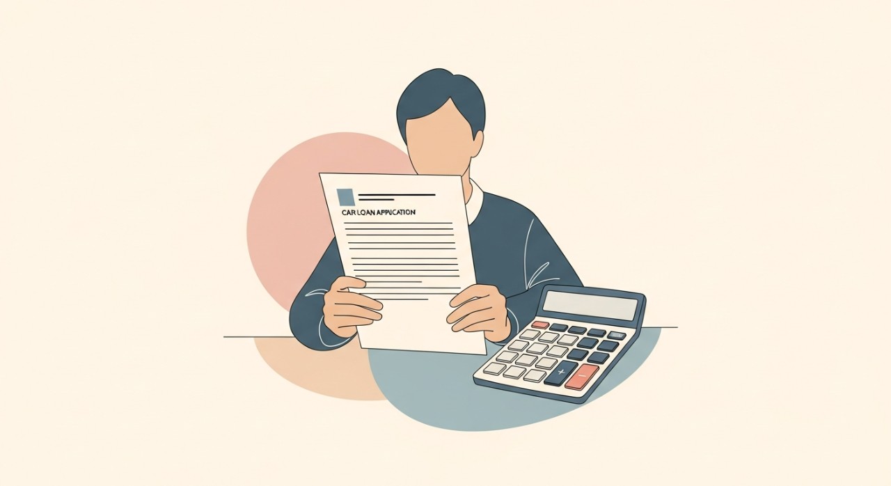 Seseorang sedang melihat dokumen permohonan pinjaman kereta syariah dengan kalkulator di sisi.