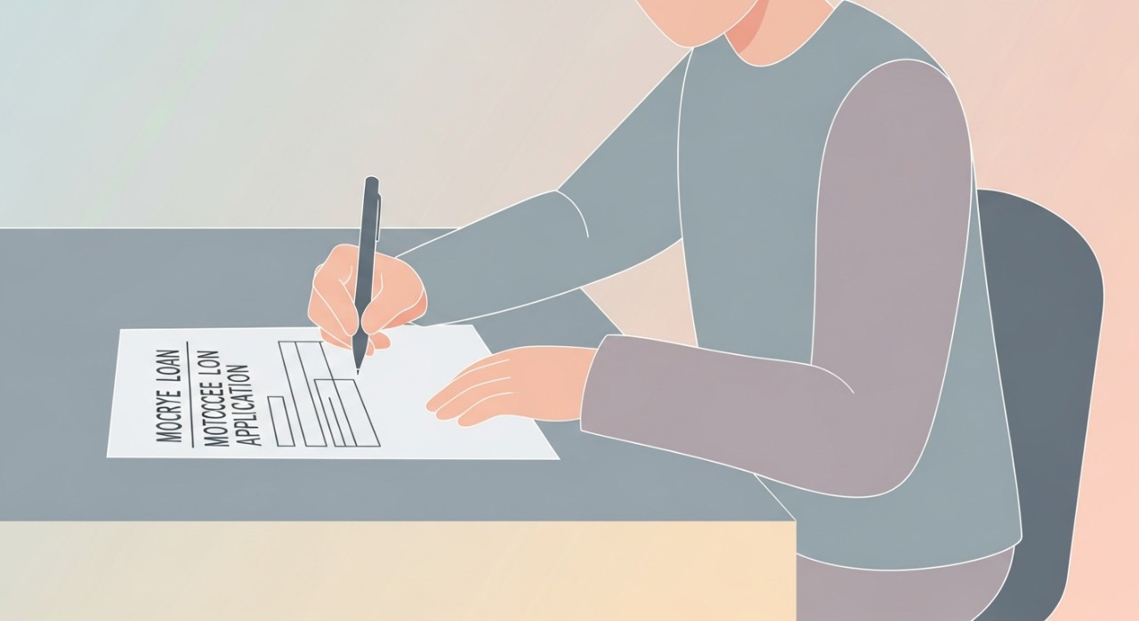 Seseorang sedang mengisi borang permohonan pinjaman motosikal di meja.