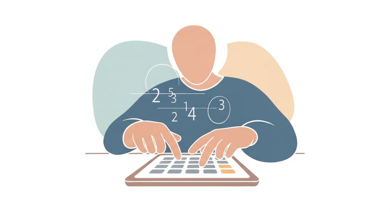 Seorang individu sedang mengira bayaran bulanan untuk pinjaman kereta menggunakan kalkulator atau tablet.