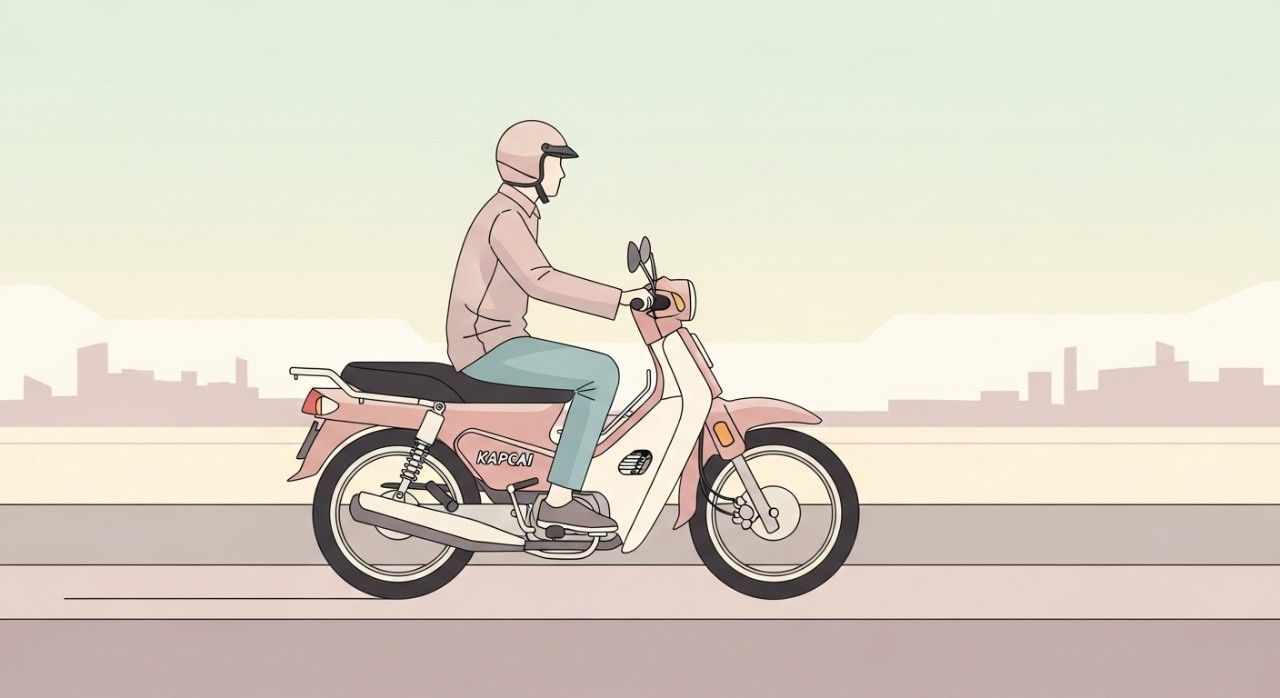 Seorang lelaki sedang menunggang motosikal kapcai baru di jalan.