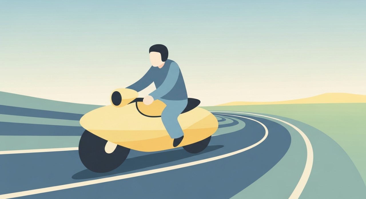 Seorang lelaki sedang menunggang motosikal di jalan raya.