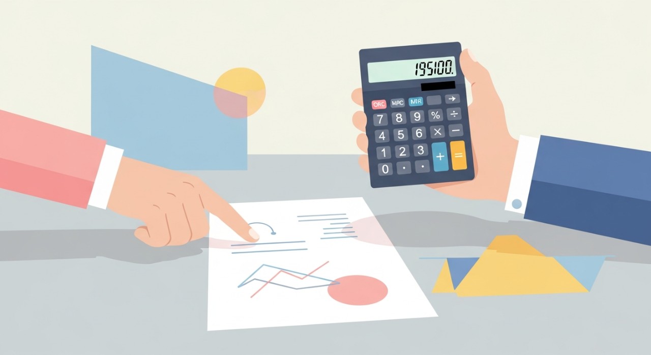 Seseorang sedang mengira bayaran bulanan pinjaman kereta terpakai menggunakan kalkulator dan kertas.