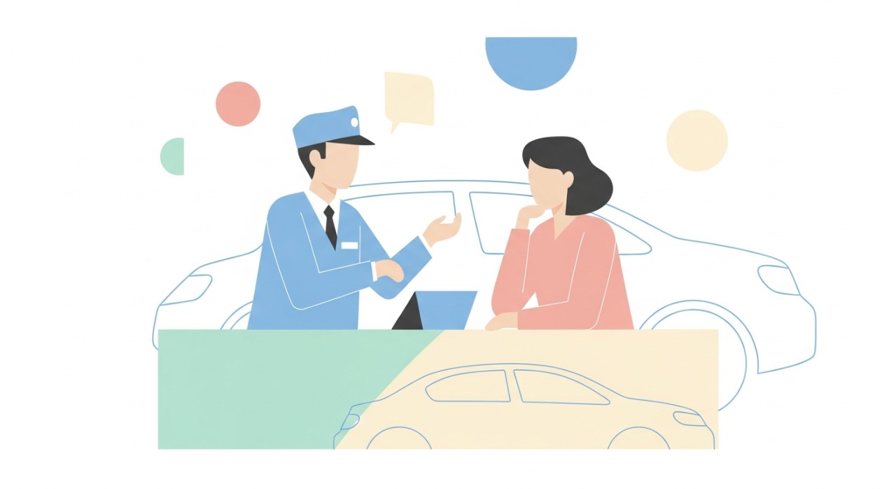 Seorang pegawai bank sedang menjelaskan syarat-syarat kelayakan untuk pinjaman kenderaan baharu kepada pelanggan.