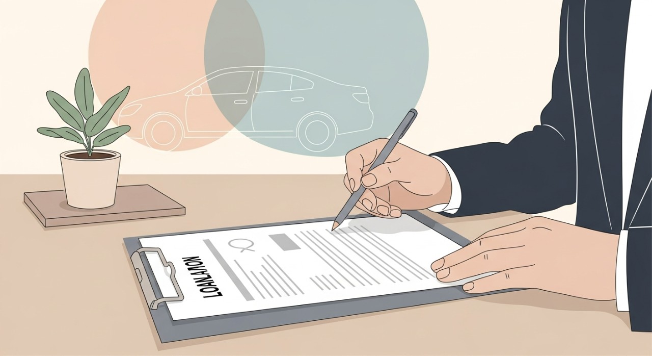 Seorang individu sedang meneliti dokumen syarat-syarat pinjaman kenderaan di atas meja.