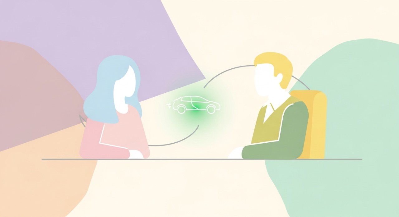 Seorang wanita sedang berbincang dengan penasihat kewangan tentang pinjaman kenderaan elektrik.