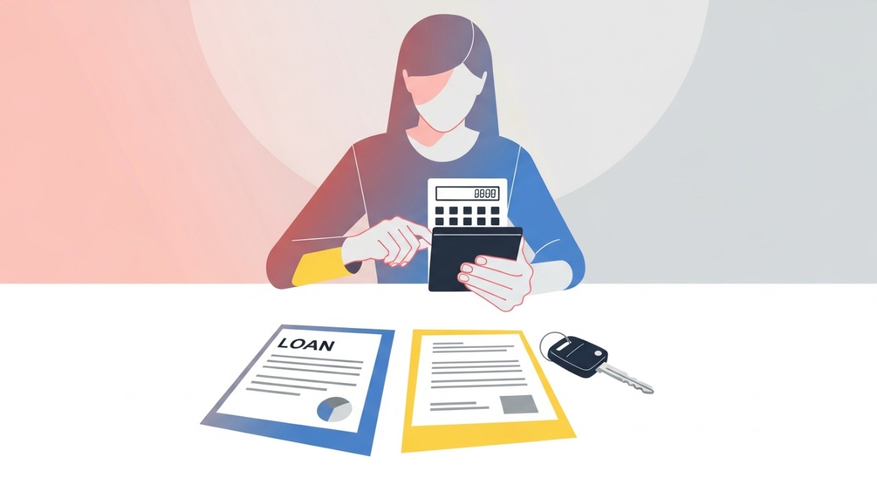 Seorang wanita sedang menggunakan kalkulator untuk mengira ansuran bulanan pinjaman kereta di atas meja dengan dokumen.