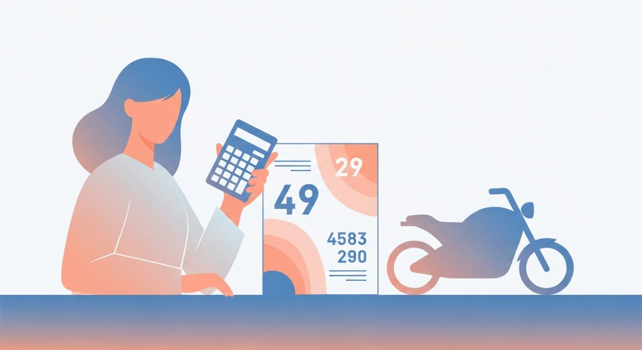 Seorang wanita sedang menghitung ansuran pinjaman motosikal elektrik.